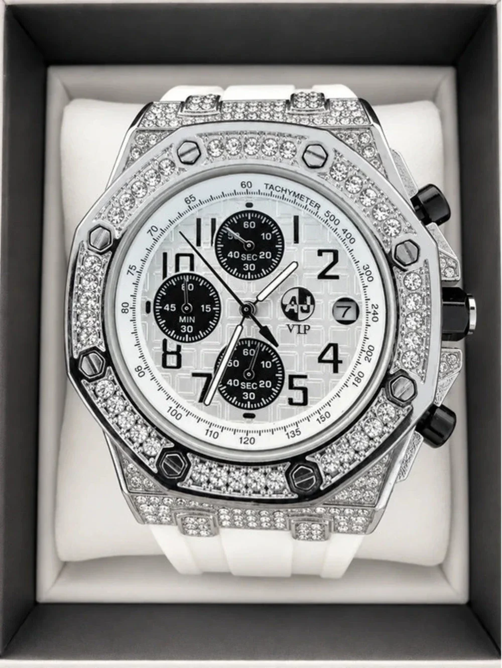 #663  AJ VIP Iced-Out Watch – 46 mm – White Band